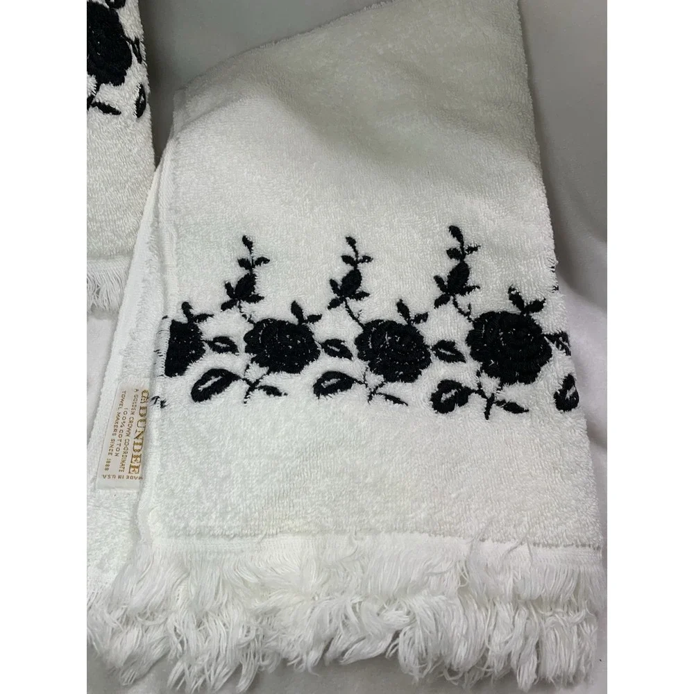 Vintage Dundee White Black Embroidered Towel Set 3 Pieces Bath Hand Wash USA